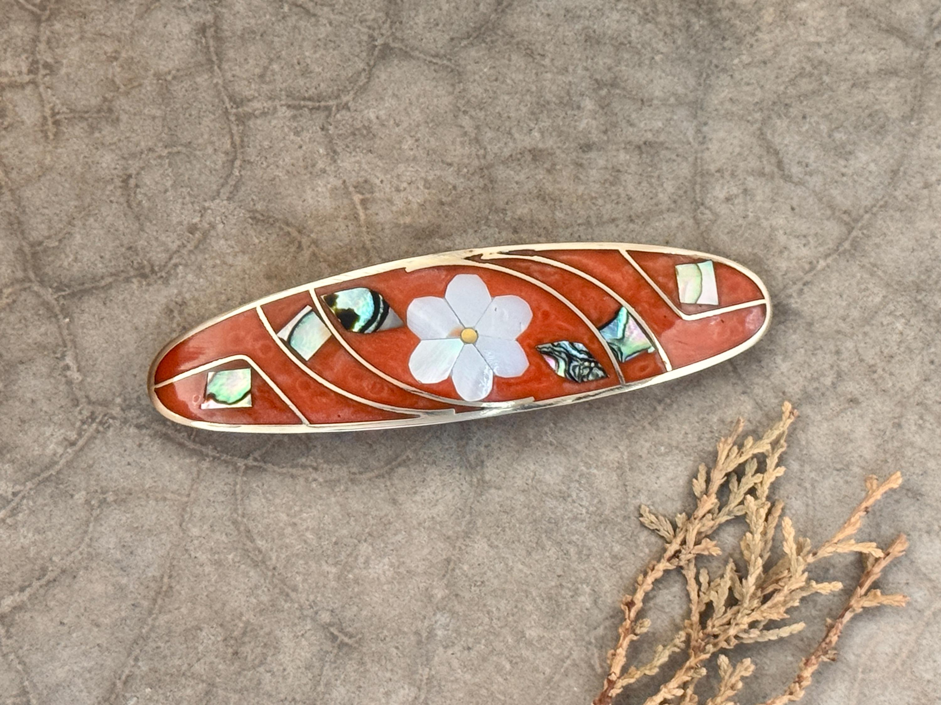 Barrette Clip Honey Orange Enamel Inlay Abalone & MOP Flower 