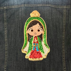 Muñeca Niña Señora de Guadalupe María Parche Grande para Planchar o Coser Aplique Lentejuela Nuestra Virgen María Religiosa Católica Virgencita Niña Mexicana