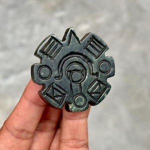 Nahui Ollin Pendant Ethnic Natural Stone Solid Green Serpentine Mexican Jade Hand Carved Large 1.7 inches Mayan Aztec Style Jewelry 3D Dije