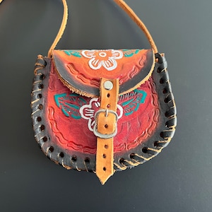 Genuine Leather Purse Crossbody Purse Embossed Hand Tooled Purse Leather Belt Lock Small Bag Boho Gift Authentic Mexican Bag