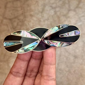 Barrette Abalone, Black Enamel Inlay Mother of Pearl Shell Vintage Ethnic Style Hair Clip Accessories Mexican Alpaca Native Jewelry Elegant
