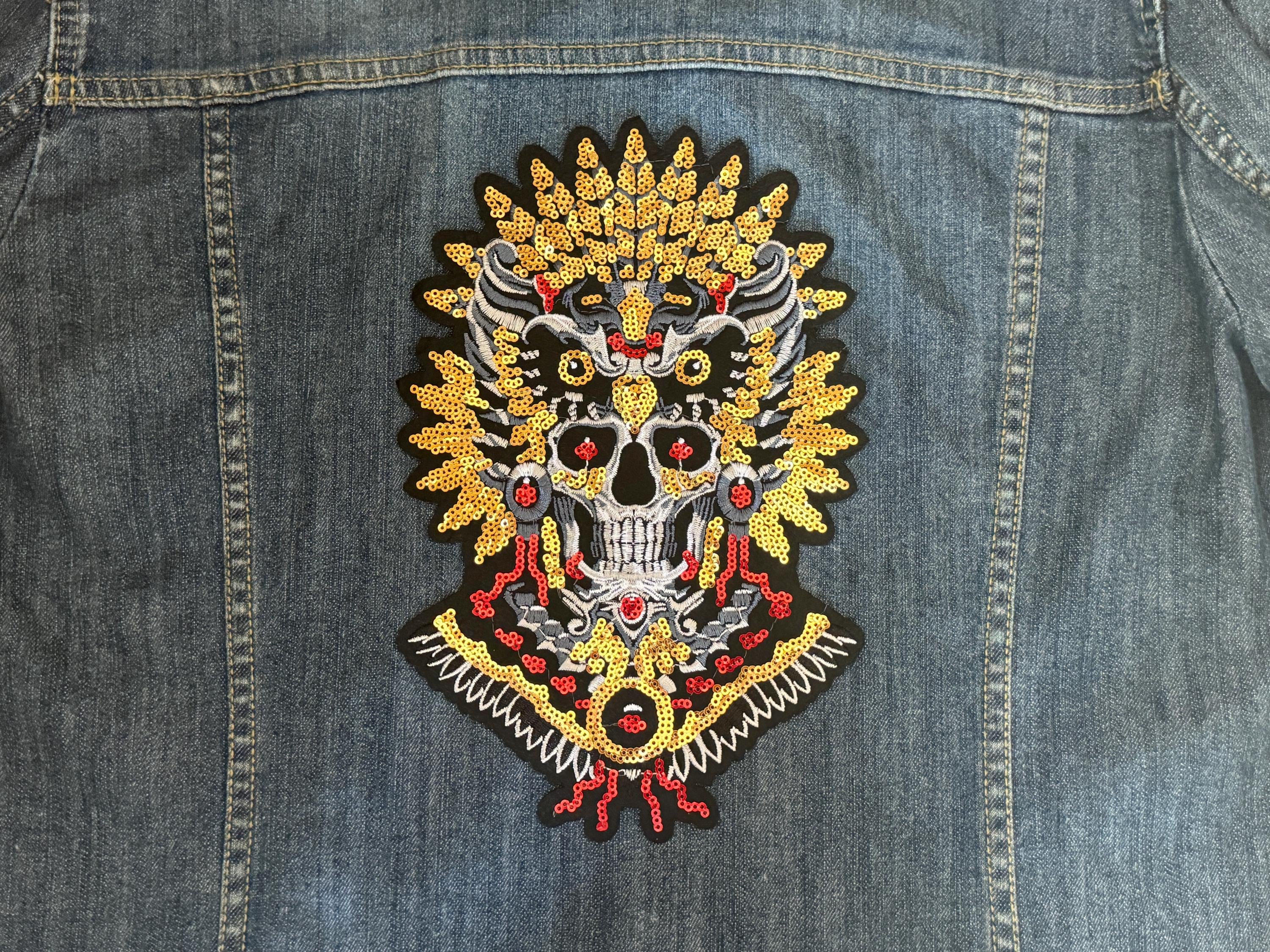 Aztec Chief Skull Eagle Patch - Large Sequin Embroidered Iron on ...