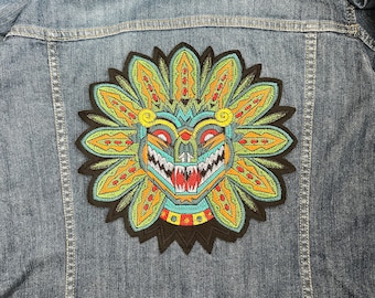 Quetzalcoatl Head Mexican Aztec Dragon Large Iron on Patch or Sew Embroidered Finishes Appliqué Ethnic Style Patch Feathered Serpent Biker