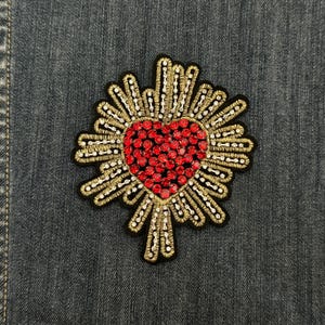 Sacred Heart Gorgeous Appliqué Glue Patch Rhinestones Embroidered Beaded Patches Shiny Love Heart Red and Silver Stones Corazon Gold Touch