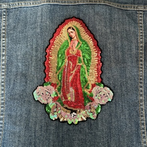 Senhora de Guadalupe Maria Grande Ferro em Patch ou Costurar Aplique Lantejoulas e Tecido Nossa Virgem Maria Religiosa Católica Camafeu Busto Elegante Mexicano