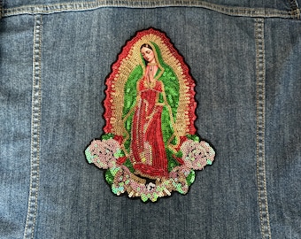 Lady of Guadalupe Maria Large Iron on Patch or Sew Appliqué Sequin & Fabric Our Virgen Mary Religious Catholic Cameo Bust Elegant Mexican