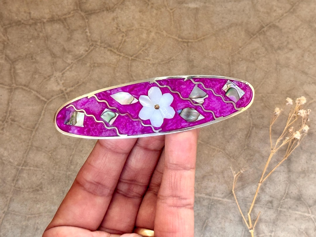 Oval Barrette Bright Mexican Pink Enamel Inlay Abalone & MOP  display picture 2