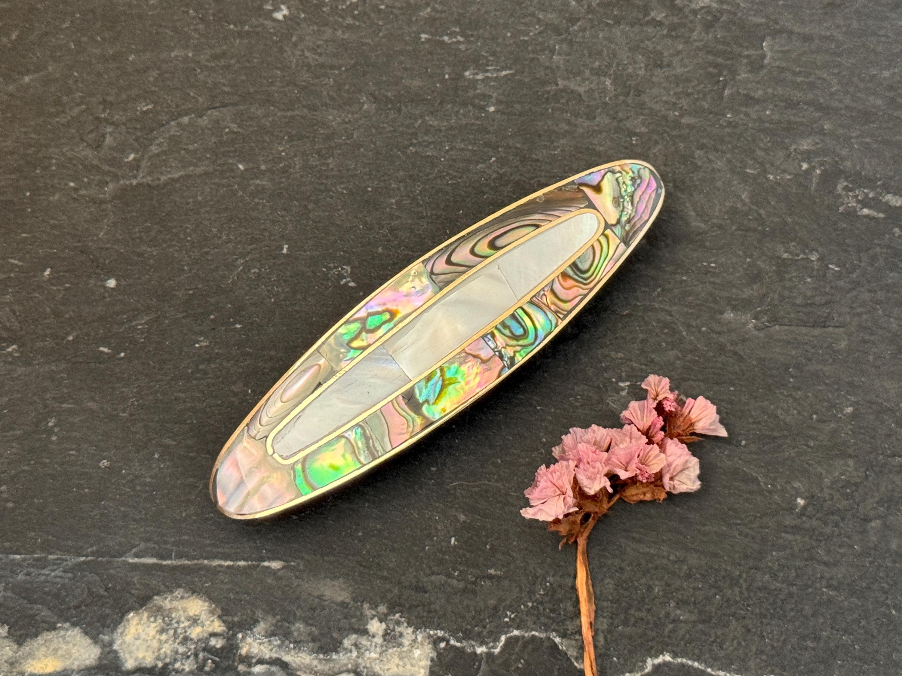 Vintage Abalone Shell & MOP Inlay Hair Barrette Artisanal Shell Abalone Hair Clip Barrette Inlay MOP Vintage  main image 2
