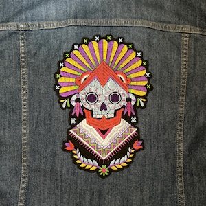 Quetzalcoatl Native Day of the Dead Skull Large Iron on Patch Embroidered Appliqué Aztec Mayan Mexican Dia de Muertos Ethnic Patch Tlaloc