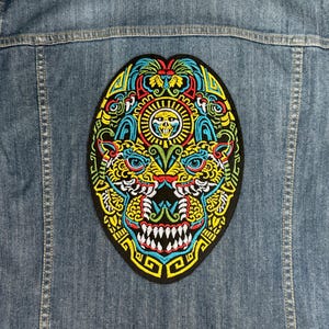 Jaguar Mayan Chief Mexican Large Iron on Patch or Sew Embroidered Finishes Appliqué Ethnic PreHispanic Style Folk Art Face