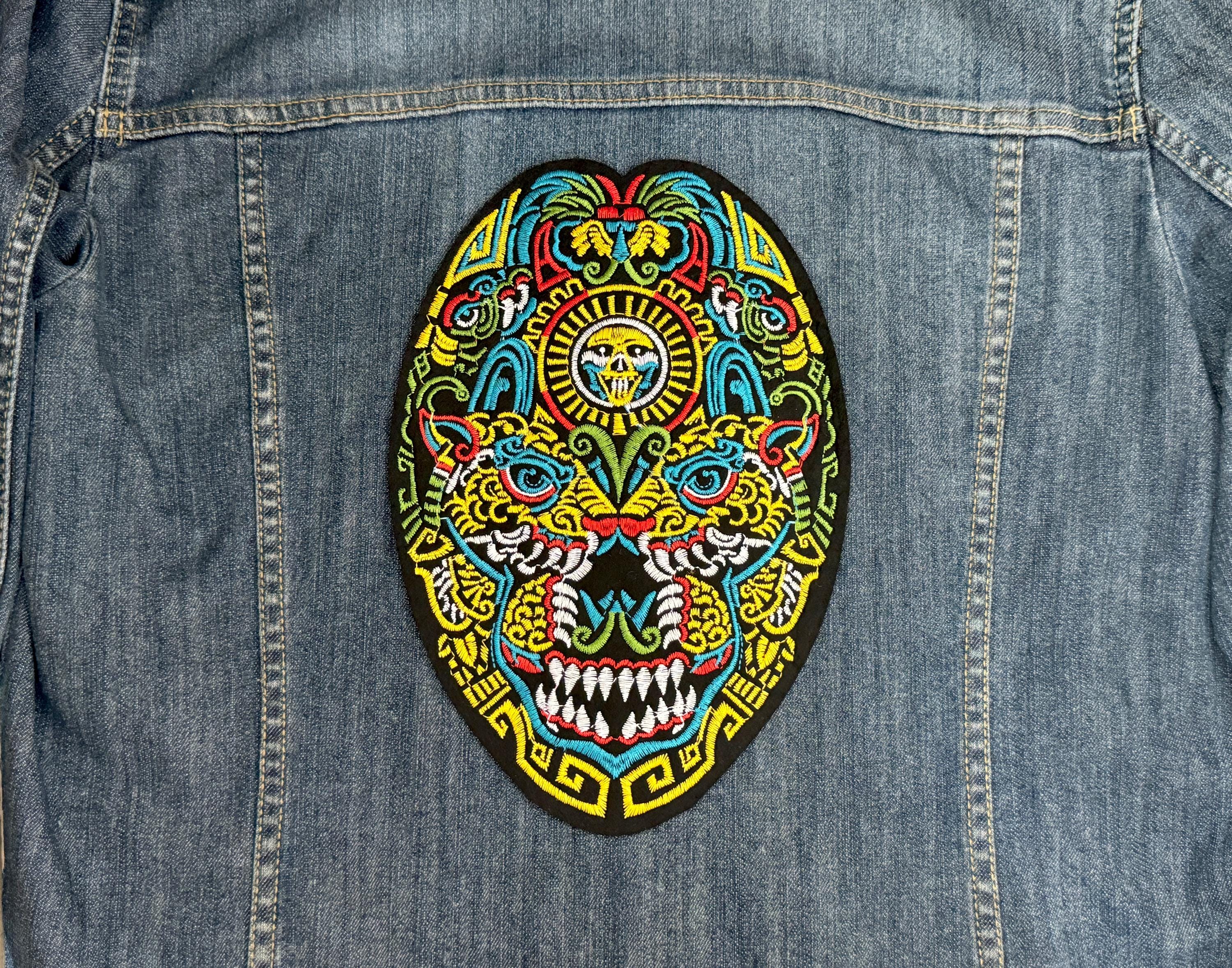 Jaguar Mayan Chief Mexican Large Iron on Patch or Sew Embroidered Finishes Appliqué Ethnic PreHispanic Style Folk Art Face