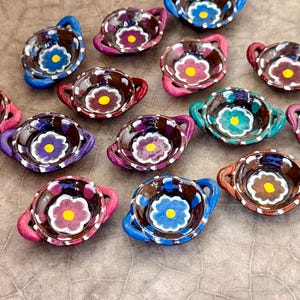 Mexican Barro Mini Pots Set of 6 Clay Mini Cazuelas Hand Made Artisanal Miniature Rustic Mexican Pottery Altar Doll House Floral Ollitas