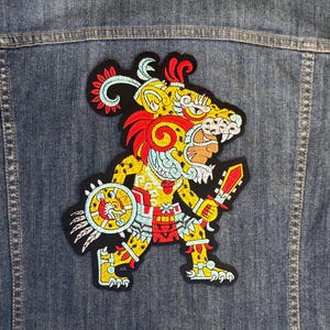 Mayan Jaguar Warrior Iron on Patch Large Sew Appliqué Ethnic Fighter Chief Embroidered Patch Mexican Folk Art Aztec PreHispanic Style