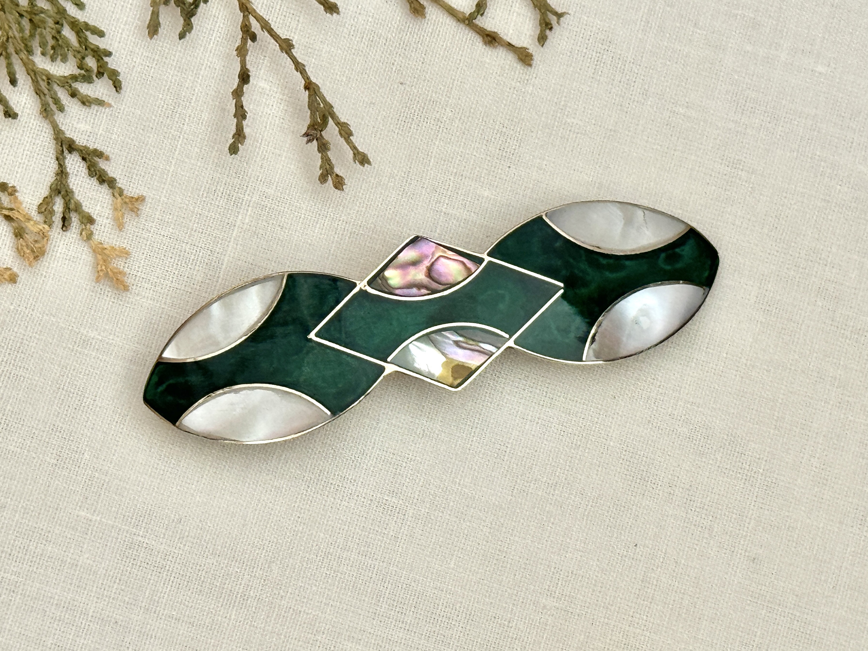 MOP Abalone Green Enamel Barrette Vintage Style Hair Clip  display picture 2