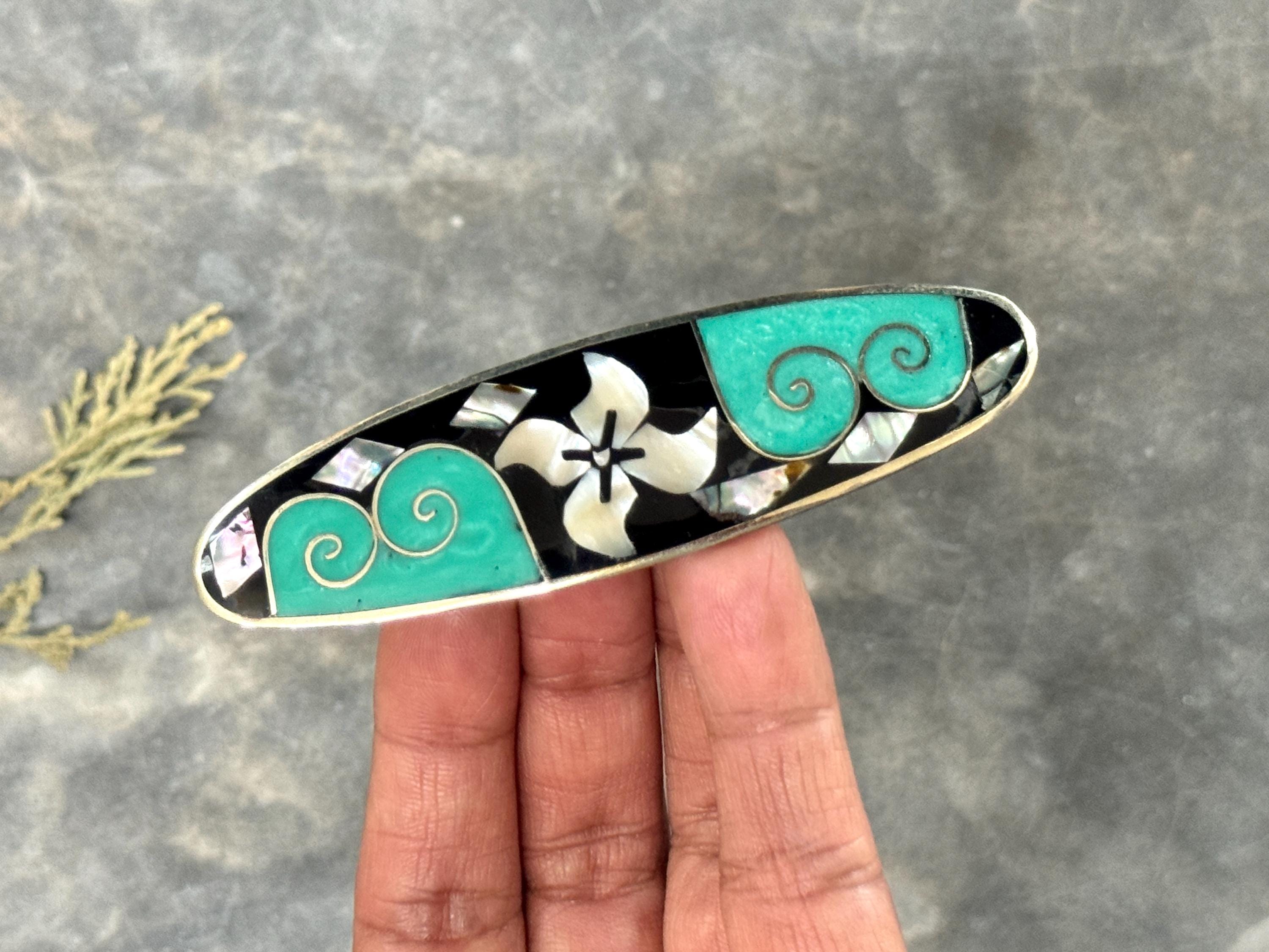 Vintage Alpaca Abalone Shell & Turquoise Inlay Hair Barrette Alpaca Mexico Barrette - Etsy main image 2