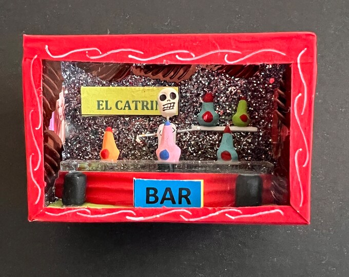 Mexican Folk Art Shadow Box Diorama Bar Bartender Dia De Los Muertos