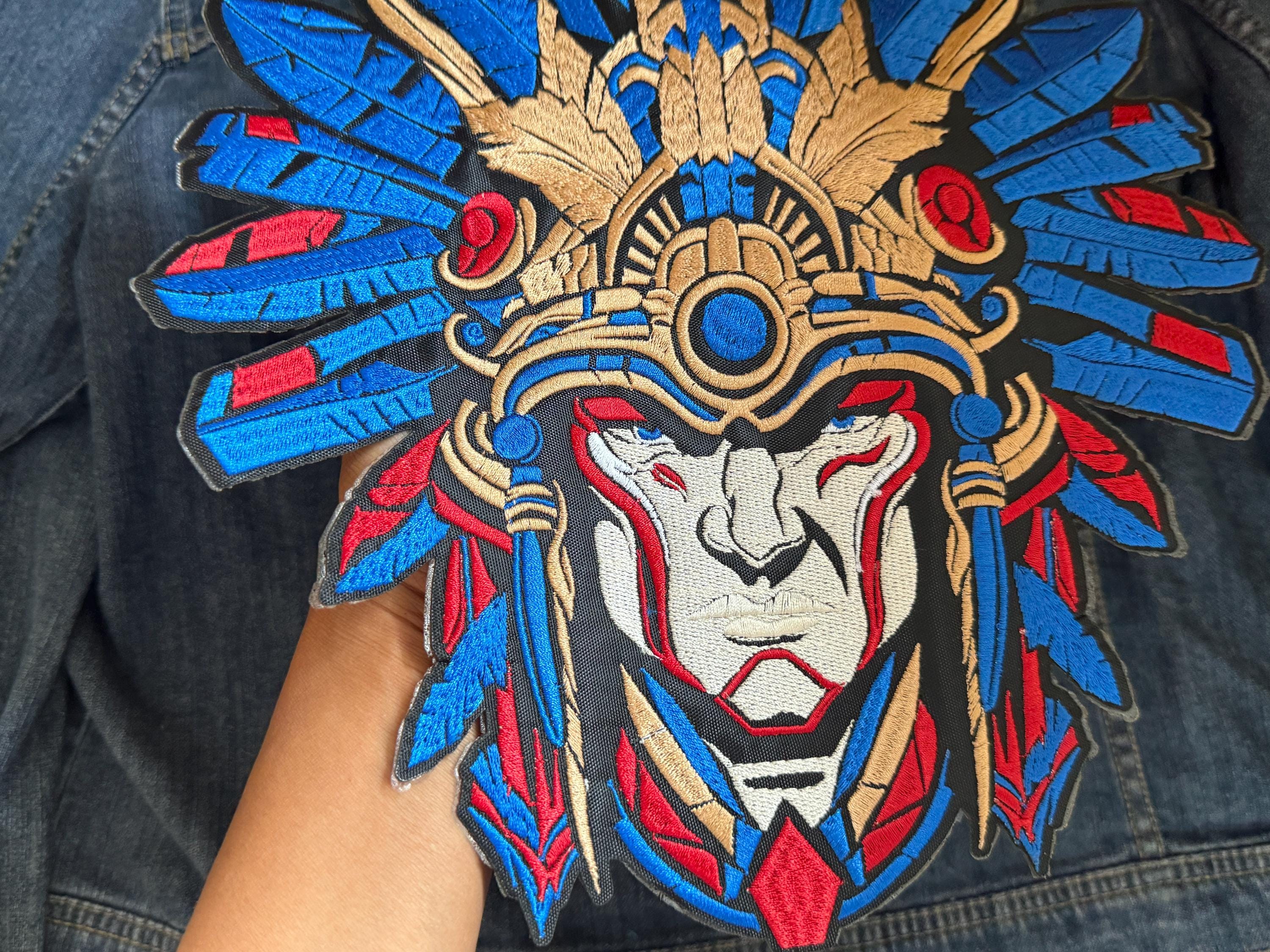 XL Aztec Chief Embroidered Iron-on Patch, Mayan Futuristic Warrior ...