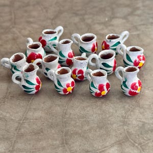 Mini Barro Jarritos Pitchers Set of 6 Clay Miniature Mexican Mugs Hand Made Rustic Pottery Ofrenda Day Doll Mexican White Vase Red Flower