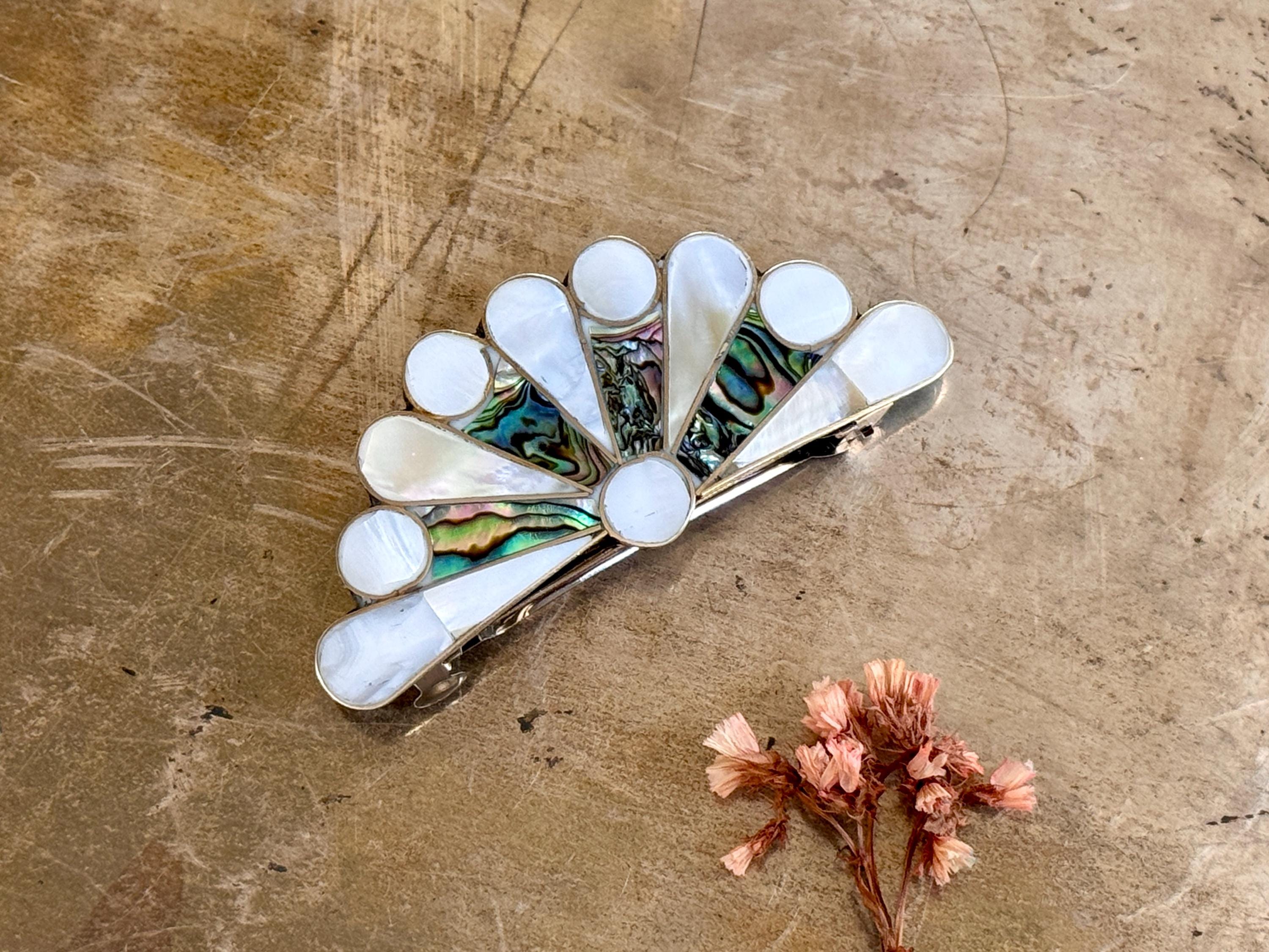 Alpaca Mexico Abalone Inlay Leaf Barrette Hair Clips Vintage Abalone Inlay Hair Barrette, Silver Tone Hair Clip  main image 4