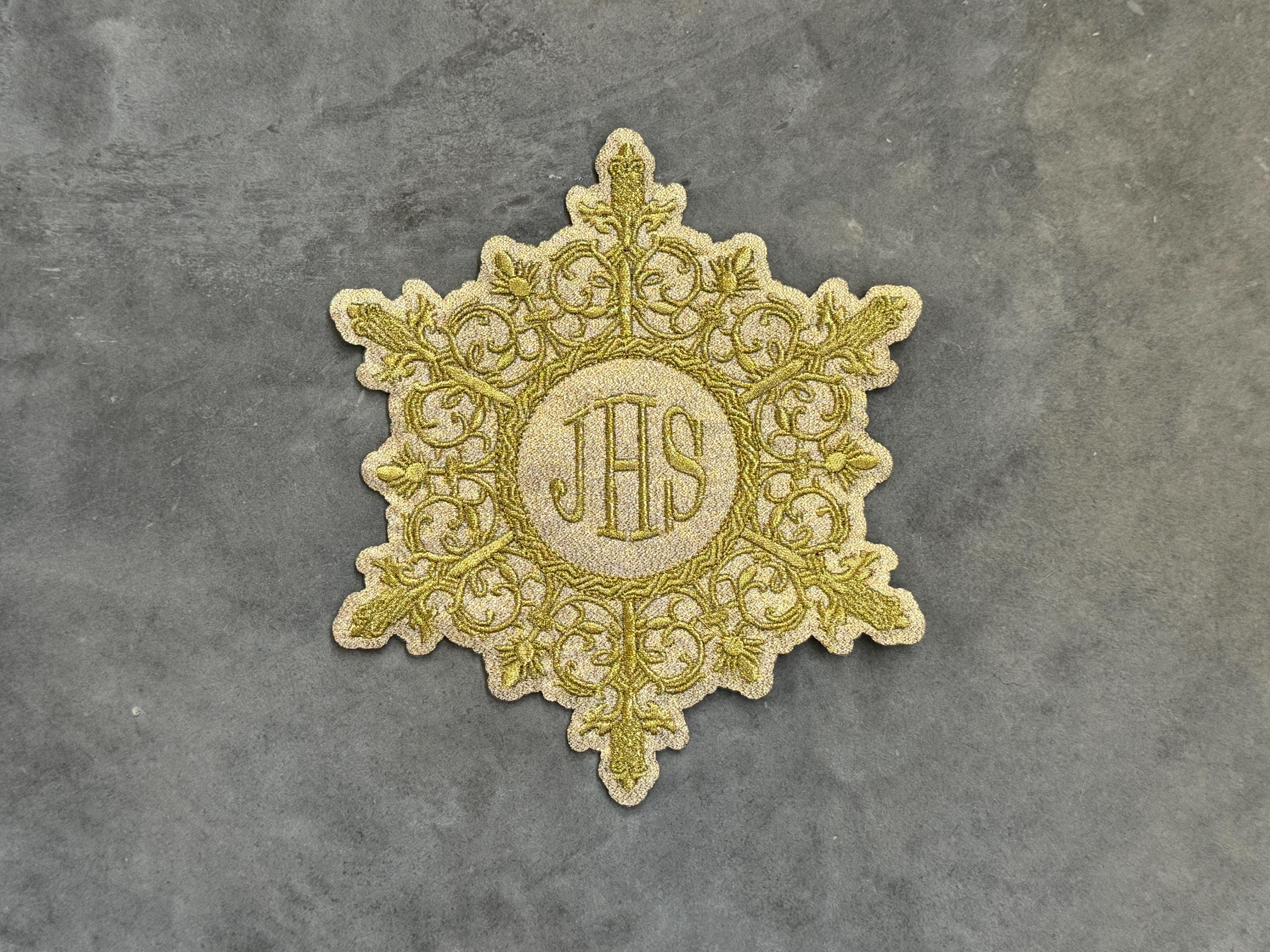 JHS Catholic Gold Appliqué Embroidered Iron on Patch Sewing Gold Color Threat Church Vestment Catholic Religious Liturgical Monogram Jesus