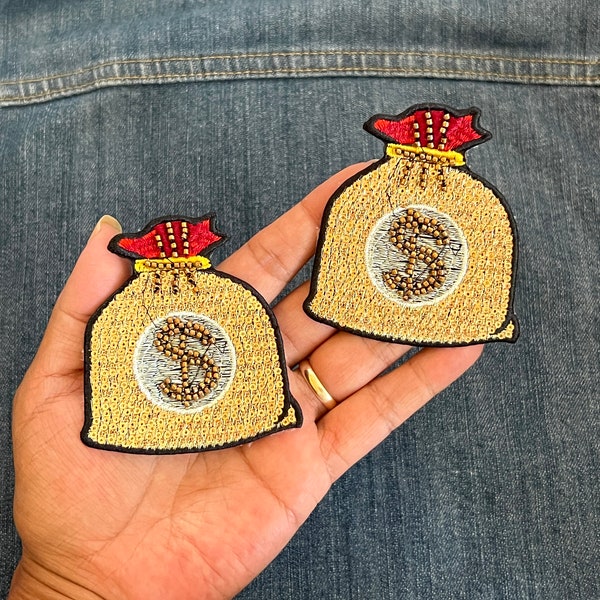 Set of 2 Gold Money Bags Patches Iron on Patches  2 Shiny Pieces Appliqués Patches with sequin and Miyuki Beads Patches for Glue