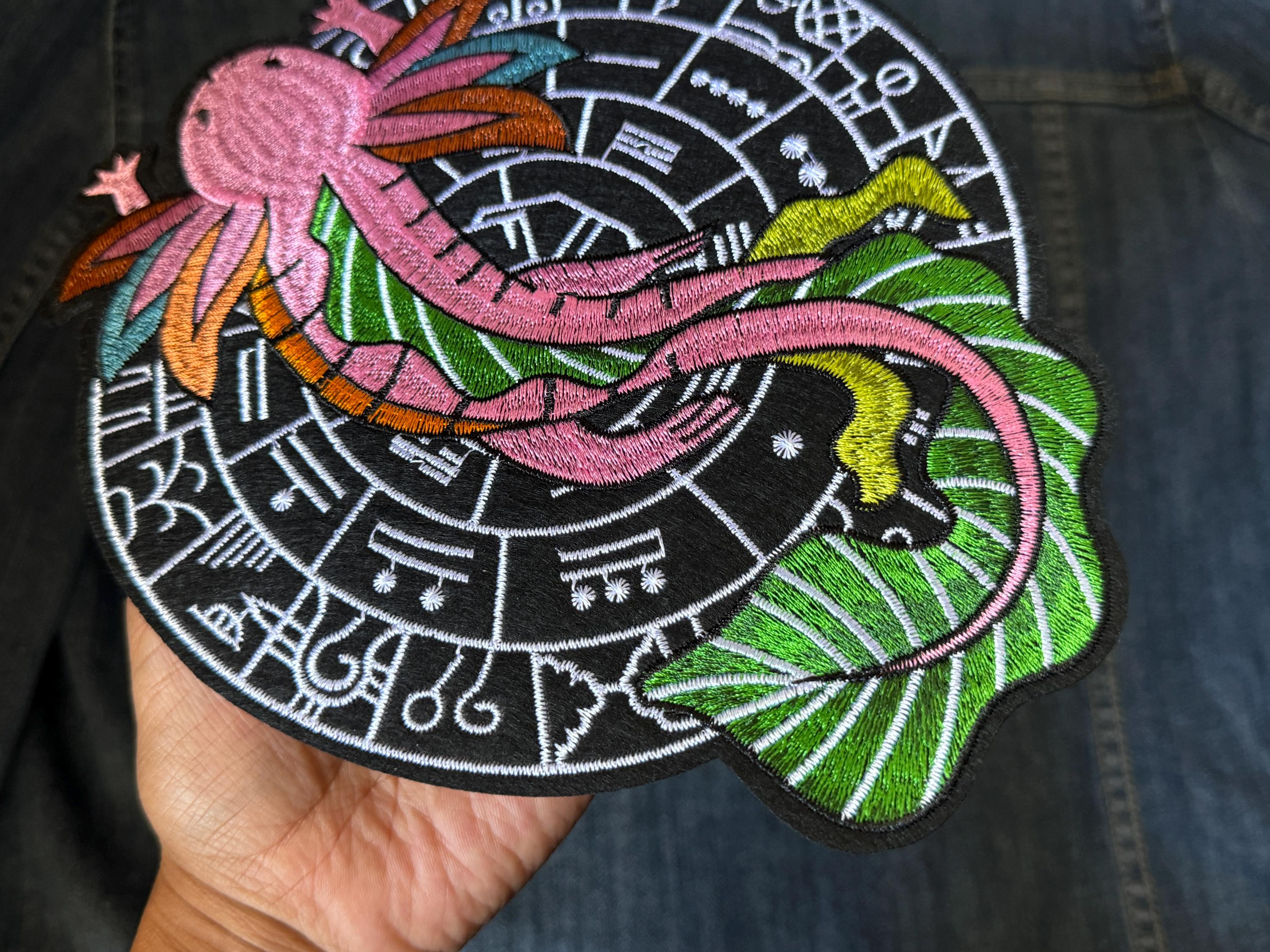 Axolotl Dragon Iron on Patch, Mexican Aztec Calendar Appliqué Ajolote ...