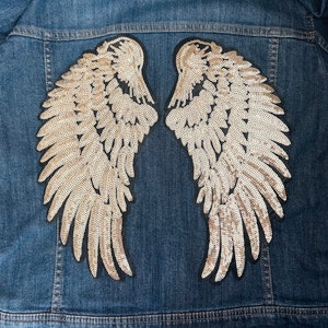 Wings Angel Iron on Patch or Sew Applique Sequin Light Gold/Silver 2 Pieces Shiny Patches for Clothing & More Gold Shiny Angel Wings