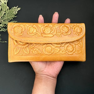 Wallet Embossed Roses Light Honey Colored Genuine Leather Wallet Artisanal Hand Tooled Ethnic Hippie Authentic Cartera Monedero Mexicano