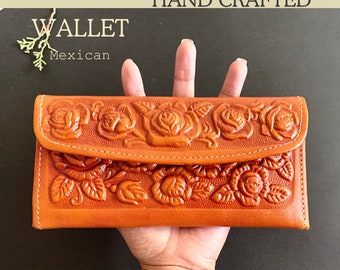 Artisanal Wallet Genuine Leather Wallet Hand Tooled Embossed Artisanal Ethnic Wallet Dark Honey Color Authentic Mexican Wallet Roses Design