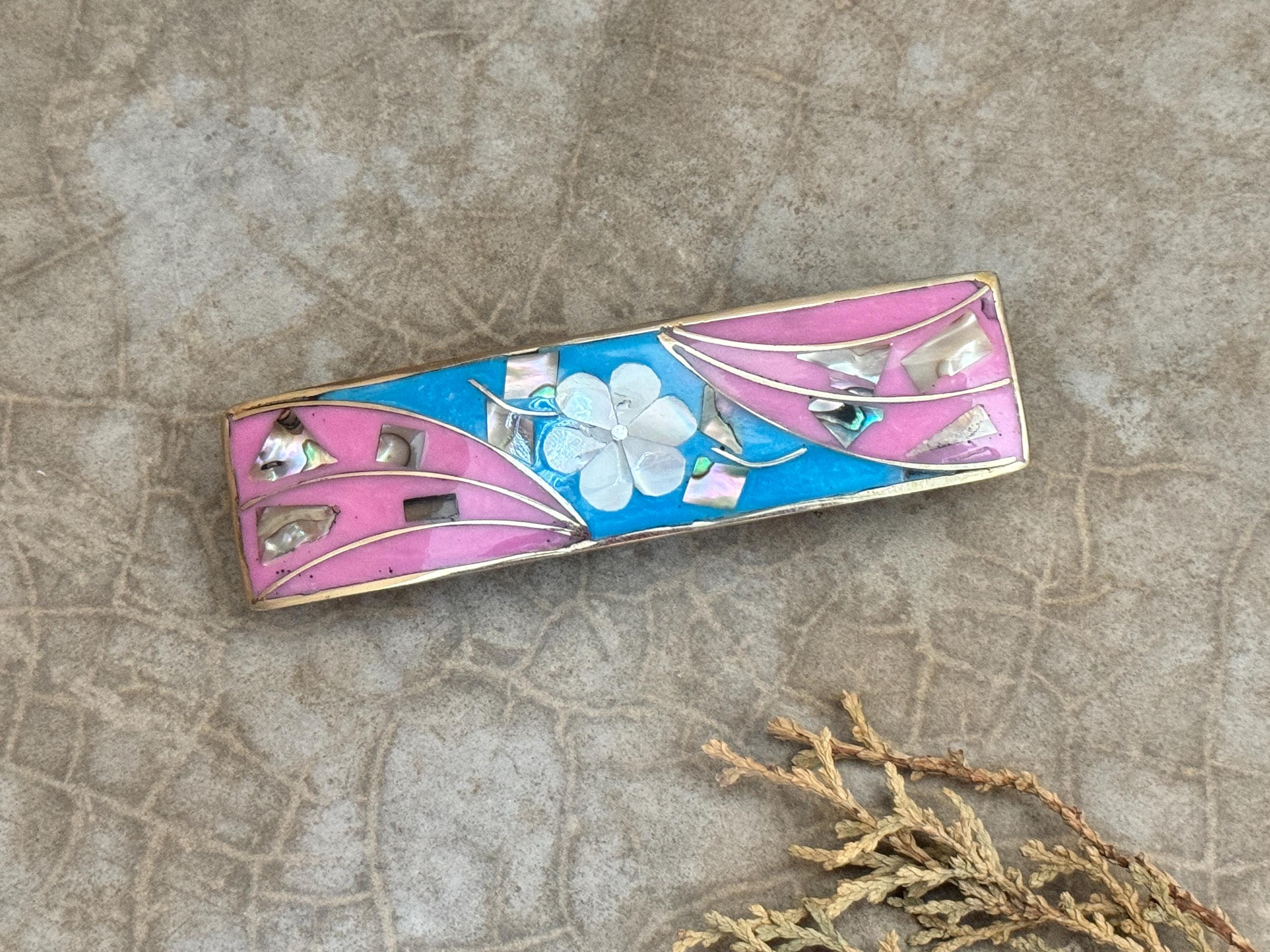 MOP Flower Blue & Pink Enamel Barrette Vintage Style Hair  display picture 3
