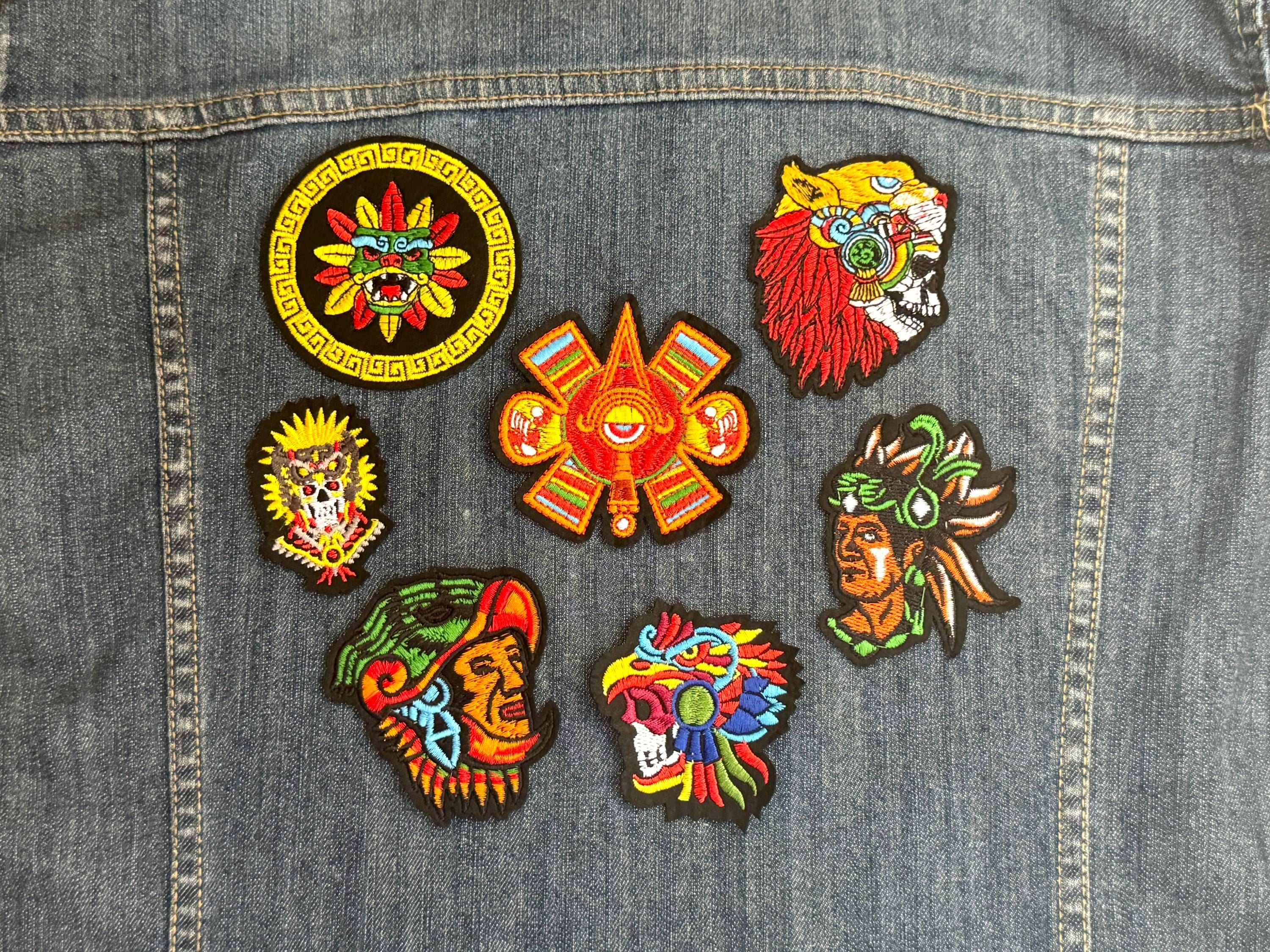 Aztec Mexican Set 7 small Iron on Patches or Sew Embroidered Appliqués Ethnic Style Patches PreHispanic Mayan Warriors and Gods Colorful