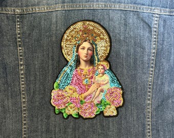 Mary Madonna and Baby Gothic Patch Glue or Sew Appliqué Sequin & Fabric Our Virgen Mary Religious Catholic Baroque Bust Pastel Colors Nice!