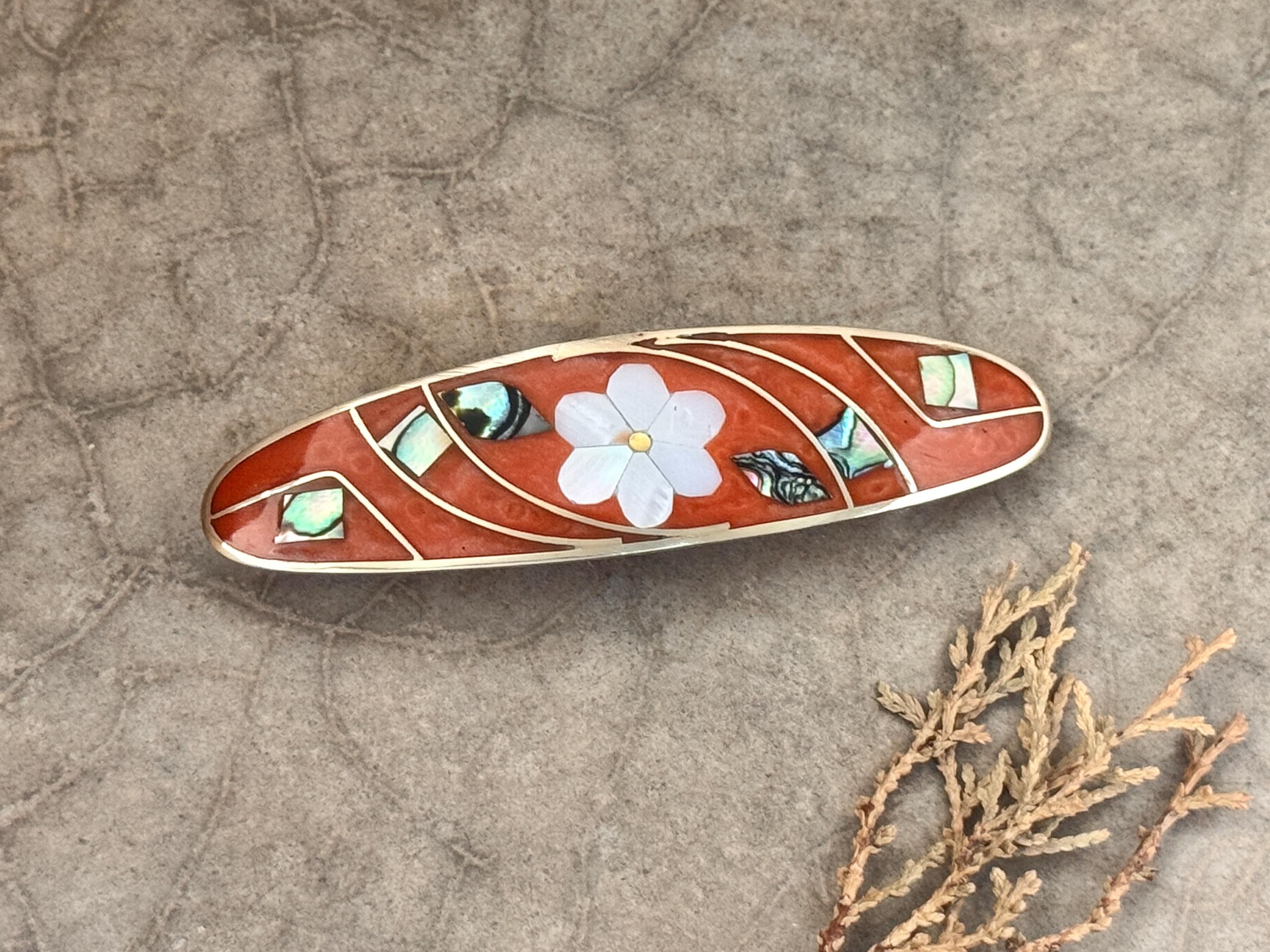 Barrette Clip Honey Orange Enamel Inlay Abalone & MOP Flower 