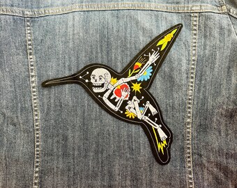 Hummingbird Patch Skeleton Mexican Iron on Patch Otomi Style Sew Appliqué Bird Day of the Dead Patch for Clothing and more Sacred Heart
