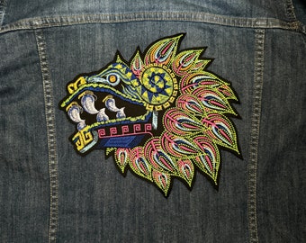 Quetzalcoatl Mexican Aztec Dragon Large Iron on Patch or Sew Ethnic Patch Feathered Serpent Biker Embroidered Appliqué Pre hispanic Mexicano