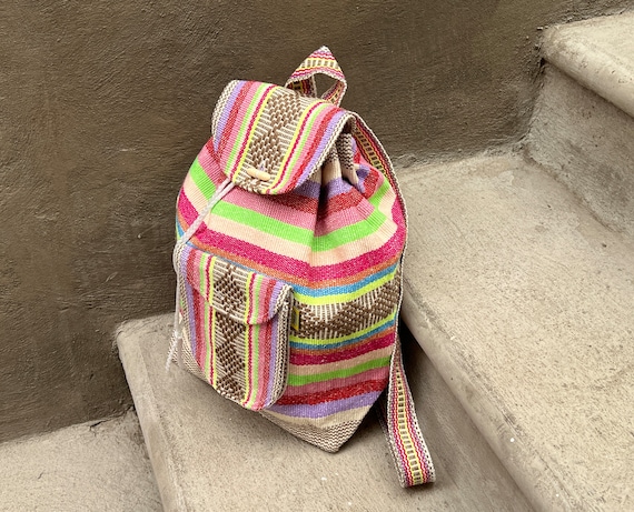 Artisanal Pink Striped Woven Backpack Mexican Morral, Backpack, Woven Artisanal Backpack, Handmade  main image 4
