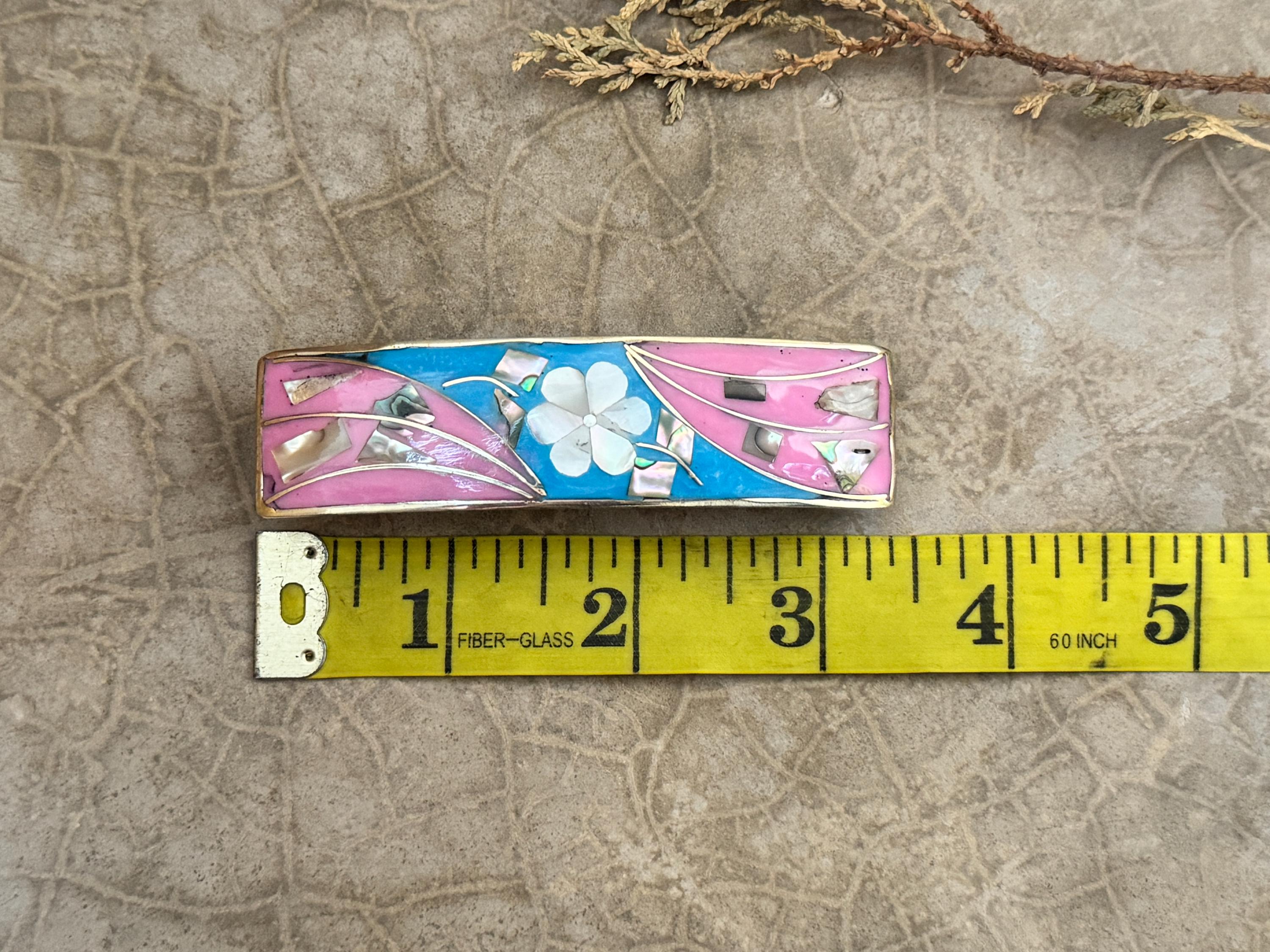 MOP Flower Blue & Pink Enamel Barrette Vintage Style Hair  display picture 1