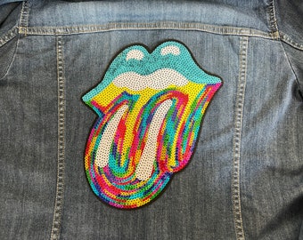 Huge Rolling Stones 80&#39;s Iron on Patch or Sew Appliqué Multicolor Large Tongue Sequin Rock and Roll Retro Shiny Patch for Denim Jackets