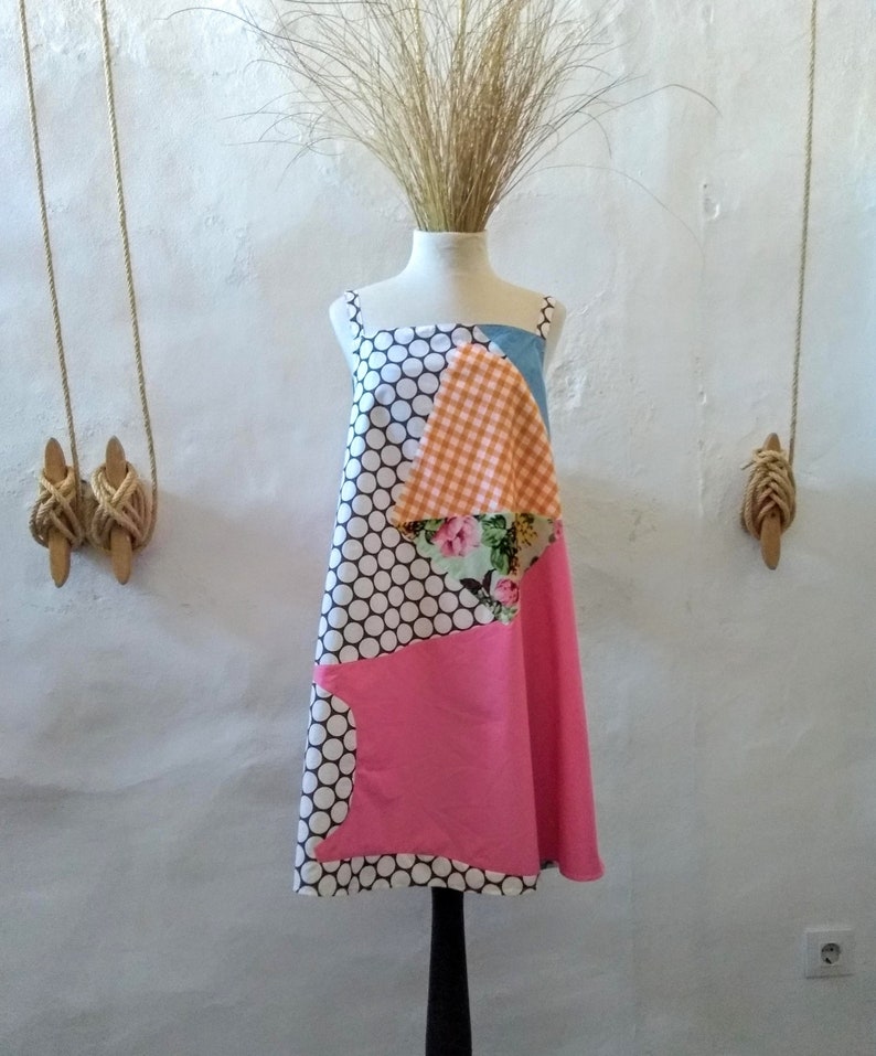 A-shapped cut Short Summer dress Straps dress Unique piece CONFITURE Seaside collection Patchwork dress,Handmade,Anna Seberg creations