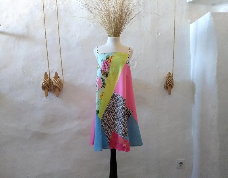 A-shapped cut Short Summer dress Straps dress Unique piece CONFITURE Seaside collection Patchwork dress,Handmade,Anna Seberg creations