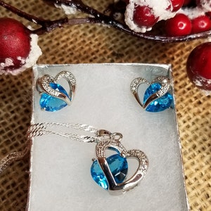 Sky Blue Topaz Heart Pendant and Earring Set in 925 Sterling Silver