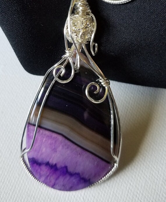 Unique Purple and Black Druzy Geode Agate Teardrop Pendant Wrapped