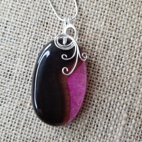 Black Peachblow Druzy Agate Pendant with 925 Sterling Silver Wire Wrapping