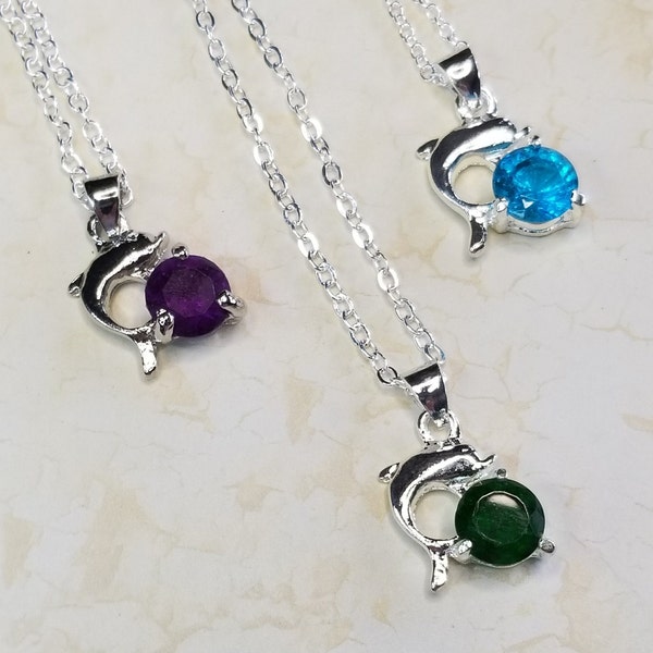 Dolphin 925 Sterling Silver Plated Pendant with Blue Topaz, Amethyst or Emerald (Lab Created)