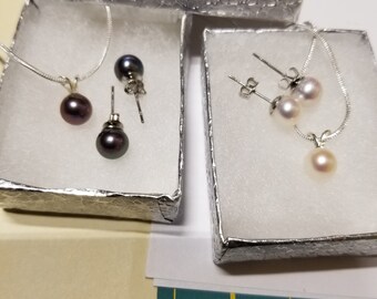 Charming!7-8MM Black Akoya Pearl Necklace Earring Set 18" JN131 