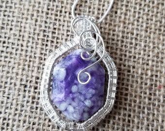 Purple Charoite Pendant, Wire Wrapped Sterling Silver, 18" Snake Chain