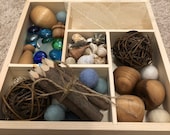 Reggio Waldorf Montessori Homeschool Open Ended Child Wooden Tinker Tray 5 compartments containing Loose Parts with Finished Wood Objects