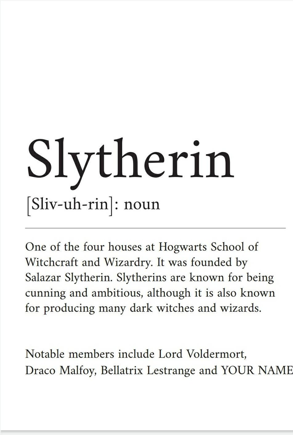 Slytherin definition Print PERSONALISE IT. Harry Potter | Etsy