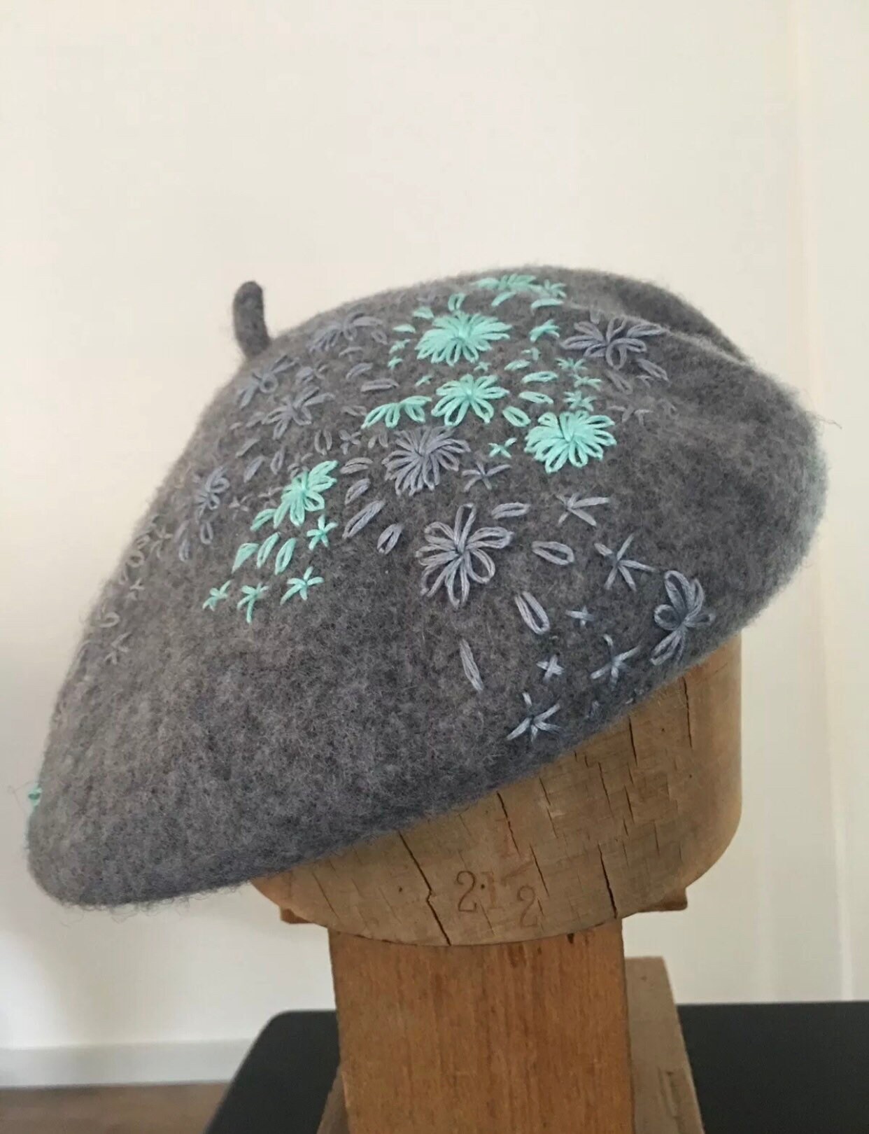 Hand embroidered grey beret customised with grey and aqua Etsy