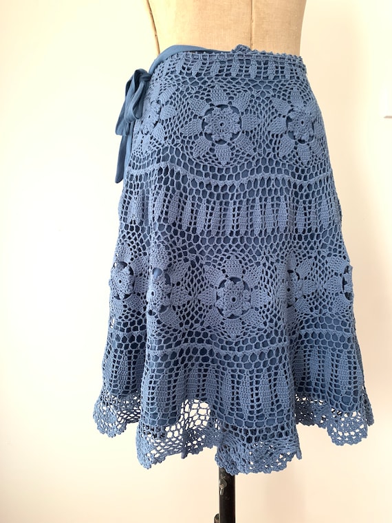 Circular Blue Wrap Skirt - Vintage Crochet Cotton + Linen